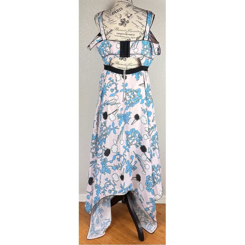 Self Portrait Asymmetric Pink Floral Print Midi A Line Dress, size 10 - Picture 8 of 14